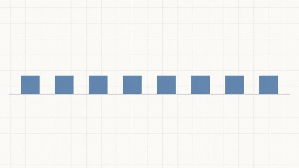 Row of identical muted blue squares along a flat line on a light grid background