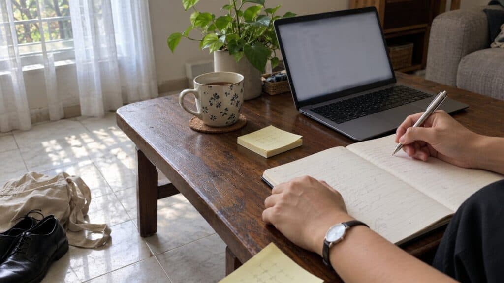 Hands write on a notepad beside an open laptop, a mug of tea, sticky notes, and shoes on a tiled floor by a window.